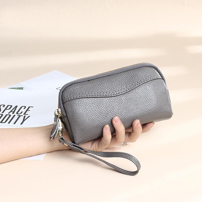 

Double Zipper Genuine Leather Women s Wallet Clutch Bag Coin Purse Large Capacity Female Wallets Phone Bag серый