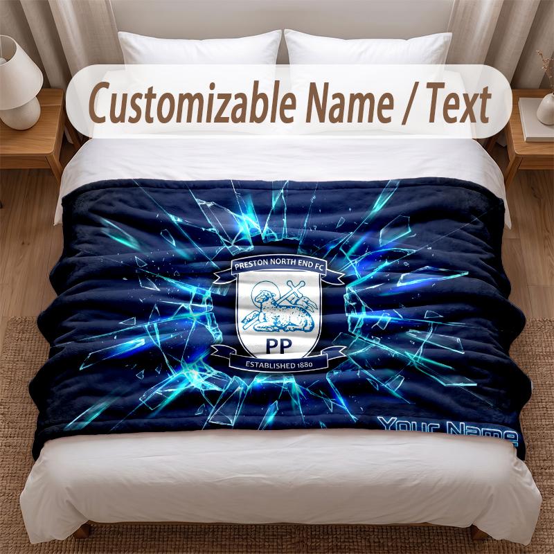 Preston North End Printed Flannel Blanket Custom Name Text Soft Warm Throw For Bedroom Holiday Gift