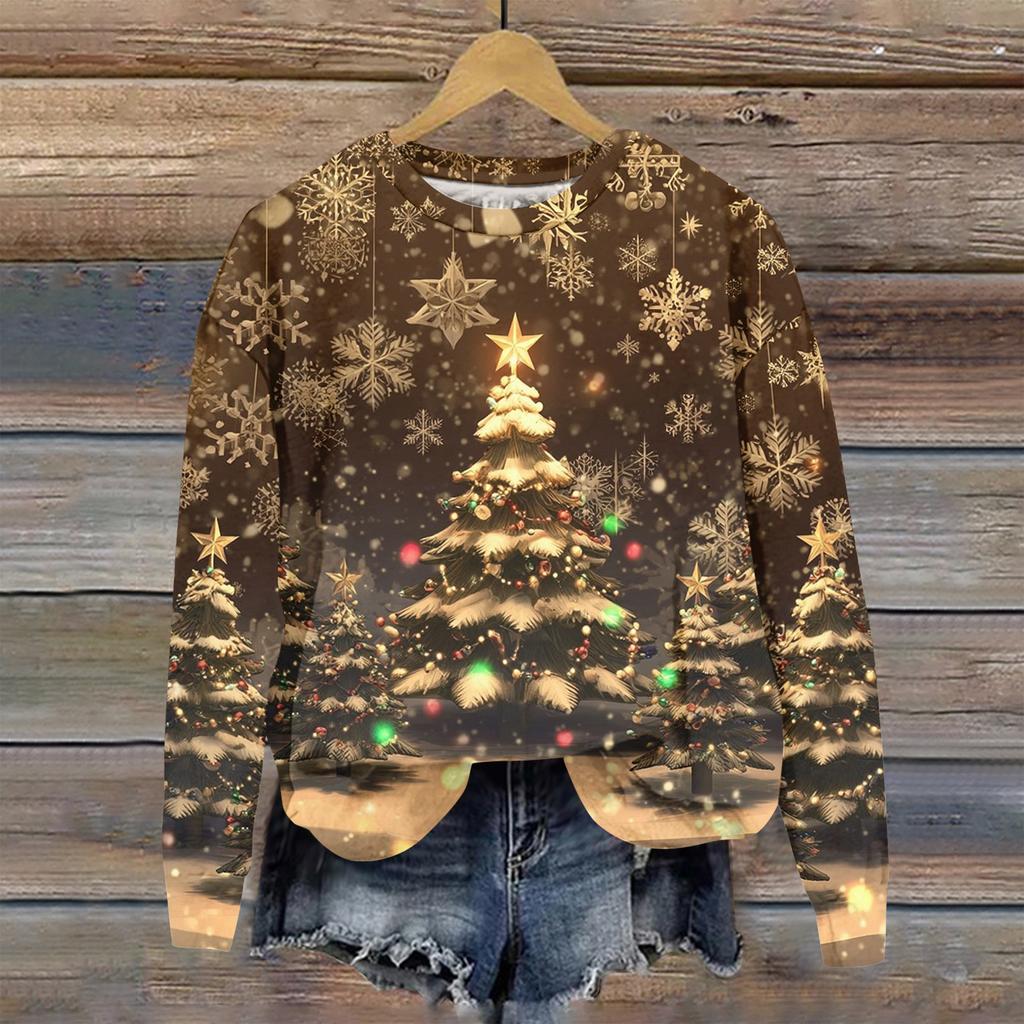 Women's Christmas Printed Casual Fashion Long Sleeve Round Neck Pullover Top