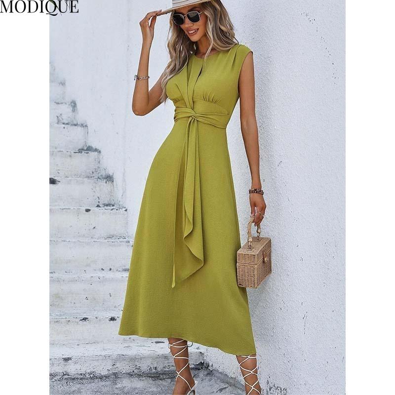 MODIQUE 2025 Summer Plus Size New Women's Casual Solid Color Off Shoulder Elastic Waist Sleeveless O-Neck Long Dress