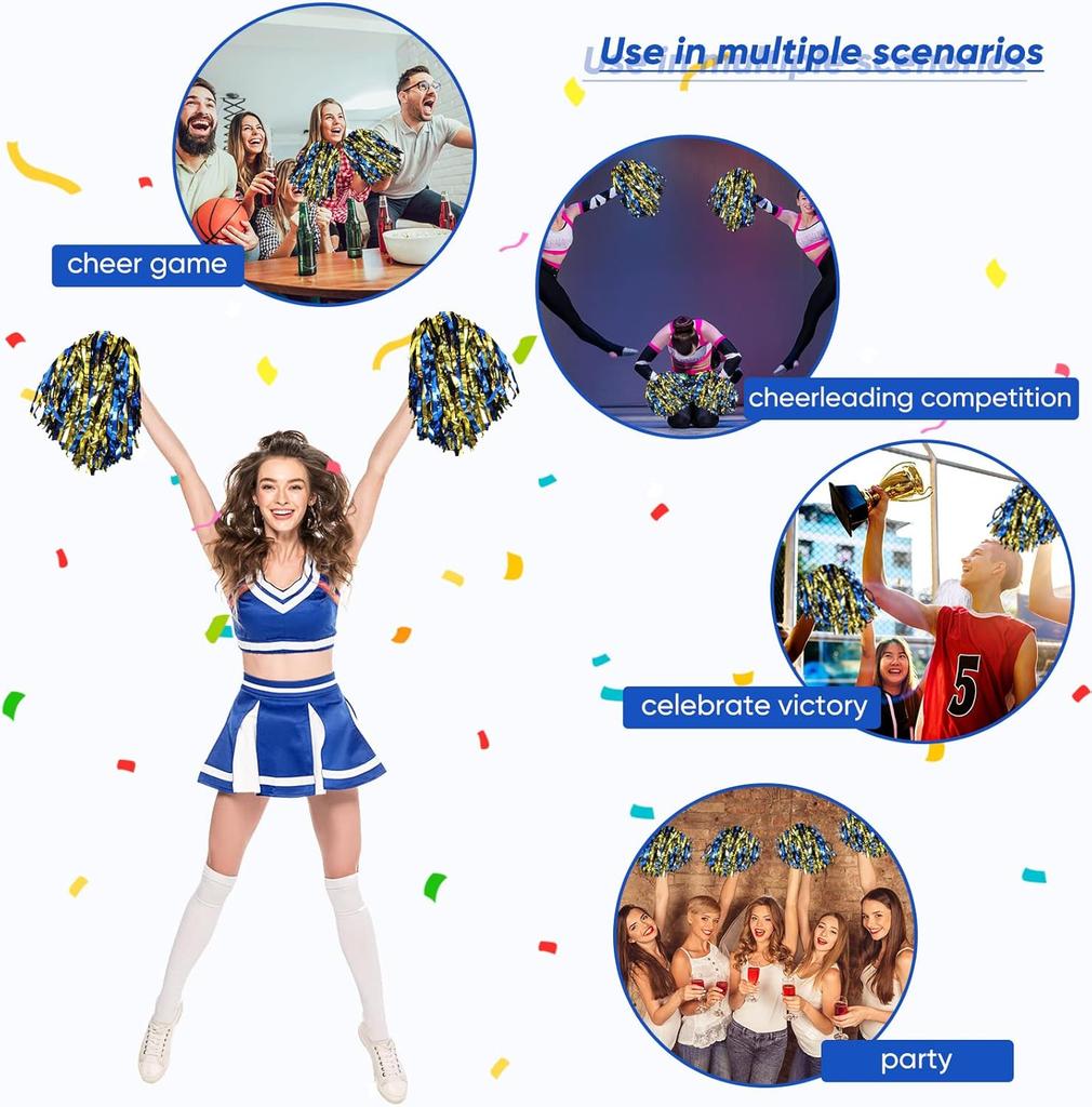 24Pcs Blue Purple Gold Cheerleading Pom Poms With Metallic Foil Plastic Baton Handle For Game Sports Squads Dancing Football