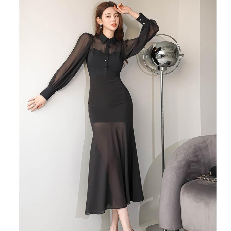 Korean Style Women's Autumn 2023 Slim Fit Ruffle Hem Dress
