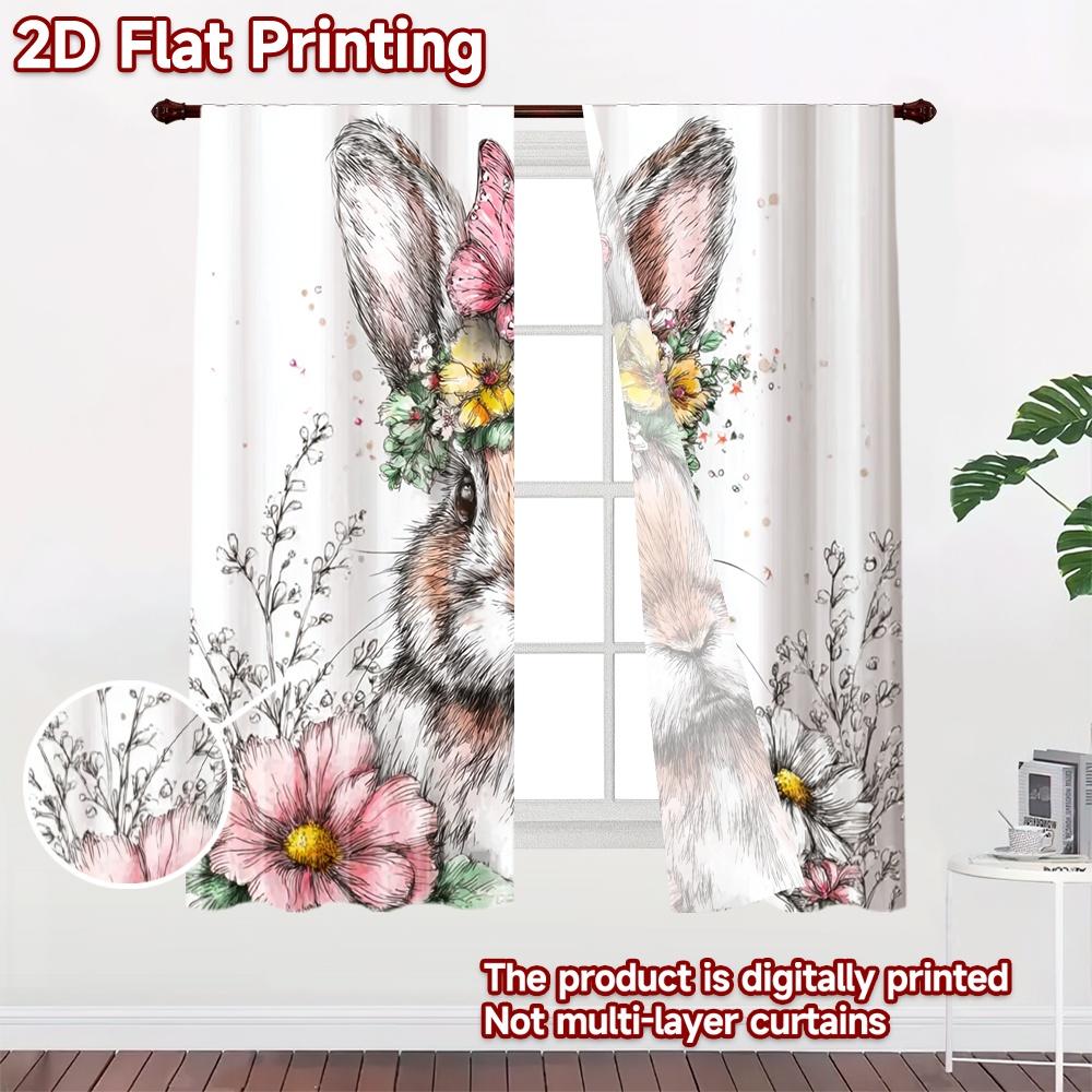 2D flat printing 2pcs Curtain Curtains Easter Bunny with Flowers(1) Digital Printed Polyester Drapes Festive Curtains Perfect