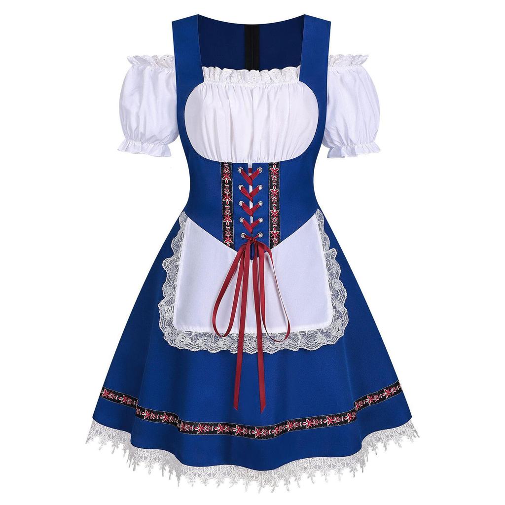 Women Oktoberfest Dirndl Dress Bavarian Beer Maid Costume Off Shoulder Puff Sleeve Lace Apron Dress For Halloween