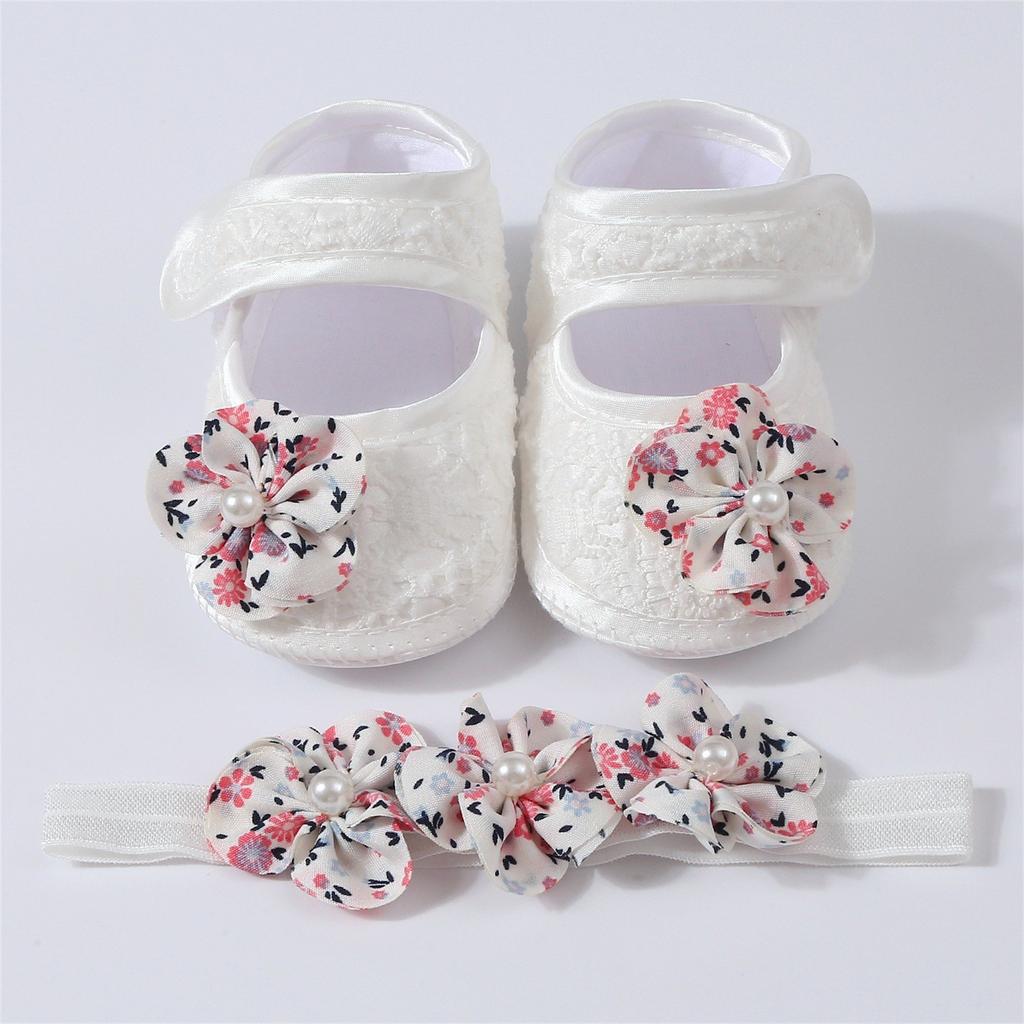 Baby-Set mit Blumenperlenschleife, Stickerei und Klebepunkten für Kleinkinder, Schuhe und Haarband