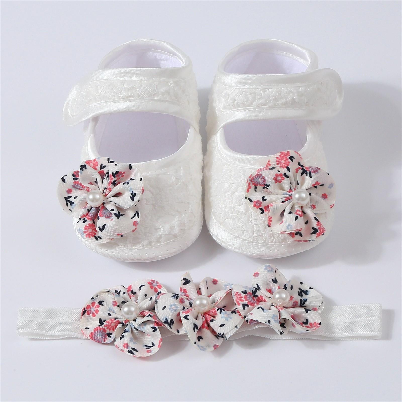 

Детские туфли для малышей с вышивкой в виде цветка и жемчуга, бантиком, клеем-точками + комплект с резинкой для волос S белый