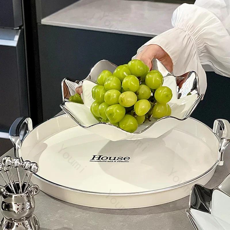 Creative Irregular Ceramic Plate Light Luxury Silver Edge Fruit Snack Plates Home Afternoon Tea Dessert Plate Unique Tableware