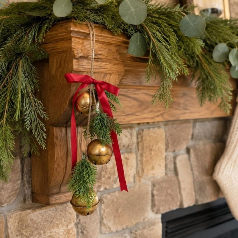 Iron Christmas Bell Ornament, Three Staggered Bells with Ribbon and Pine-Look Trim for Wreath Holiday Displays