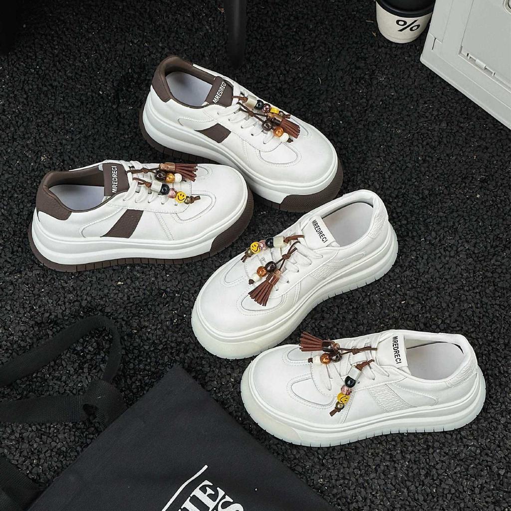 2025 Autumn New Leather Thick-soled Heightening Little White Shoes Women's and Women's Shoes Versatile Casual Moral Training Shoes Muffin Board Shoes