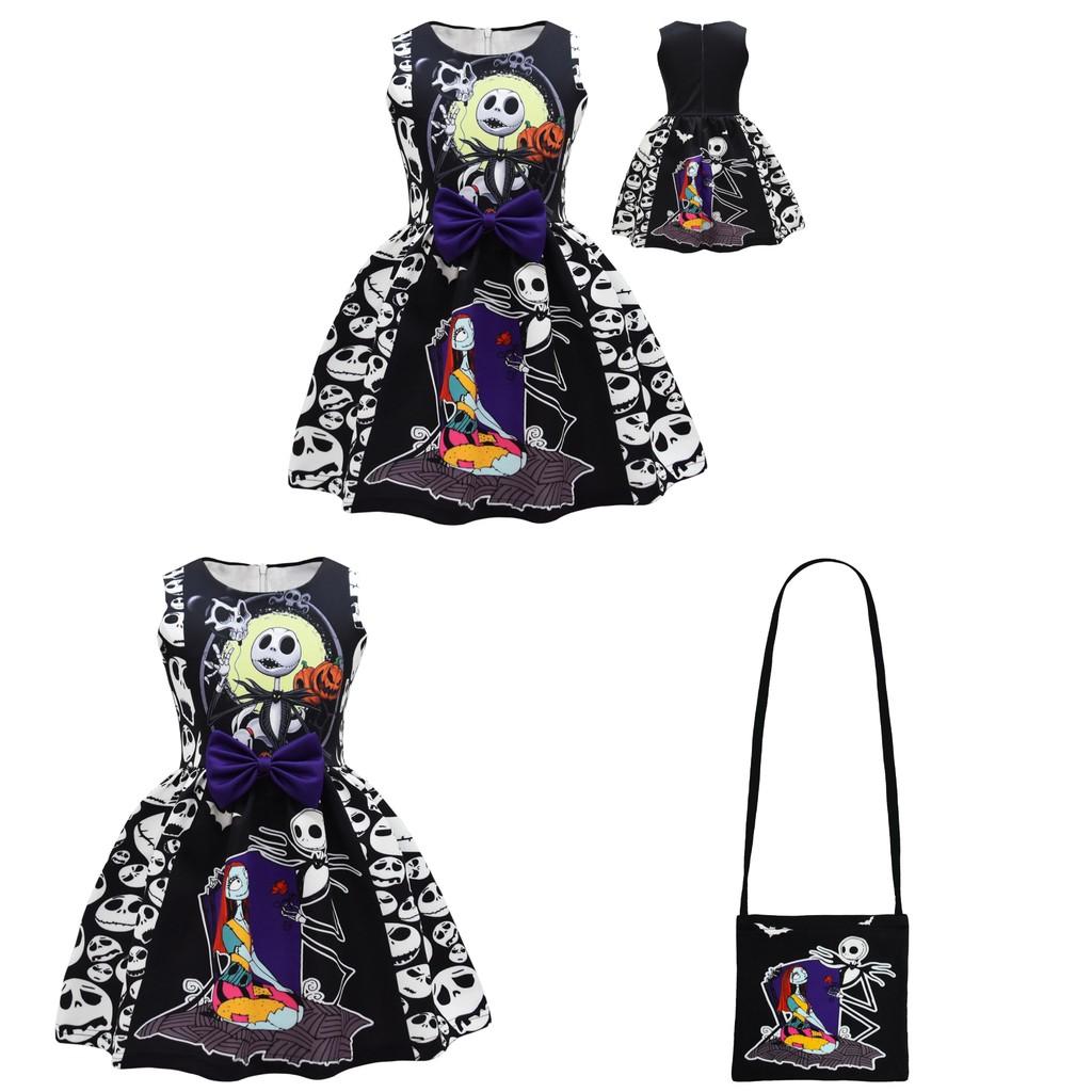 The Nightmare Before Christmas Halloween Girl Dress With Cartoon Pattern And Accessories For Kids