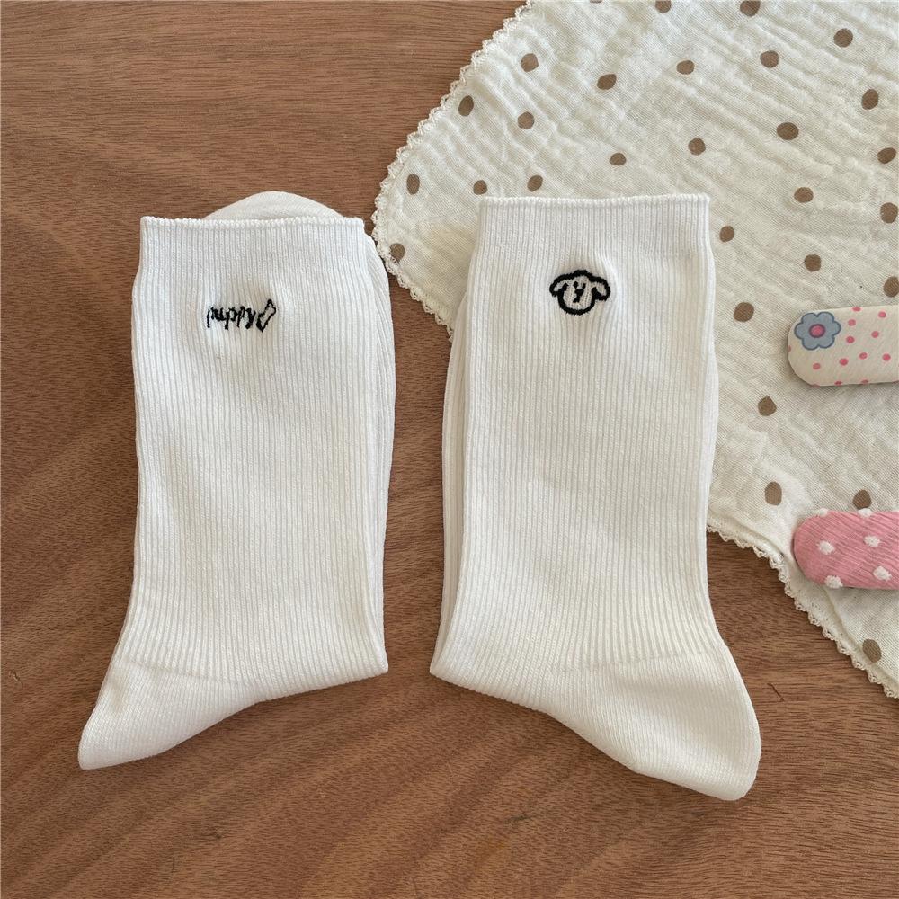 

Girls Spring and Summer Thin Simple Embroidery Dog Comfortable Tube Cotton Socks 1 pair білий