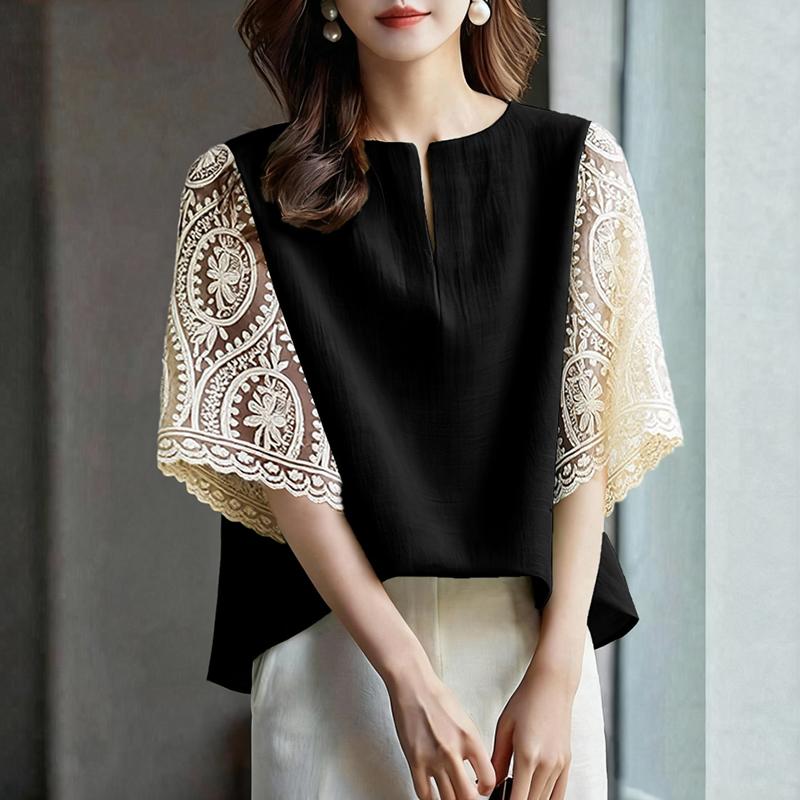 ZANZEA Women V-Neck Casual Lace Splice 3/4 Sleeve Loose Blouse
