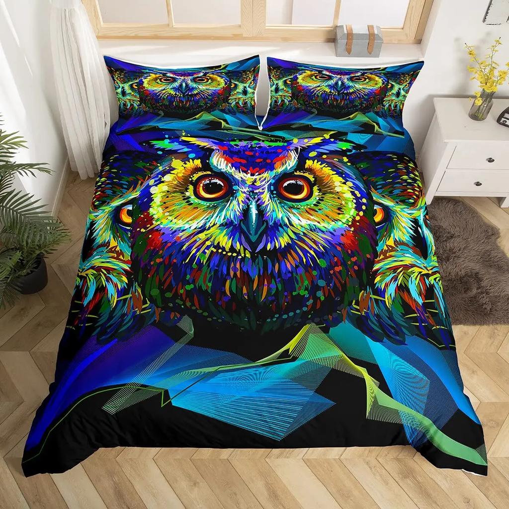 Owl King Queen Duvet Cover Adorable Funny Cartoon Animal Bedding Set for Kids Boy Colorful Wildlife 2/3pcs Polyester Quilt Cover