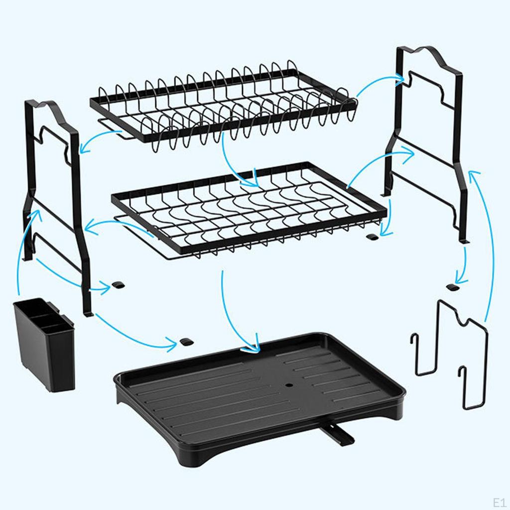 Abtropfgestell mit 2 Ebenen, großer Abtropf-Organizer mit Abtropffläche und Besteckhalter, Teller