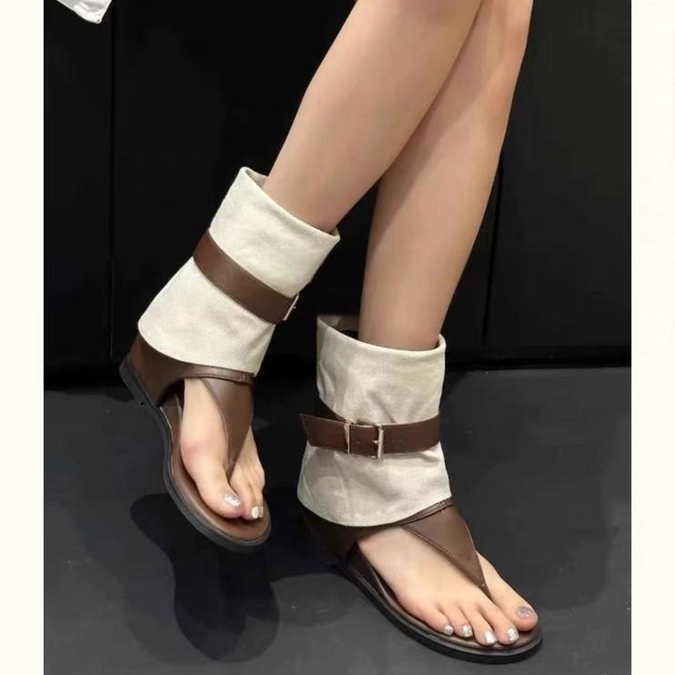 Sheepskin Version~ Retro European Station Toe Roman Cool Boots Women's Inner Height Increase Leather Pinch Sandals Women's Summer Versatile