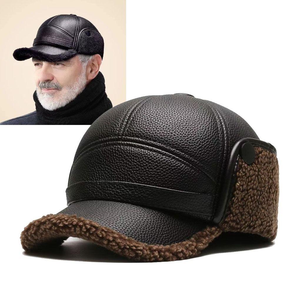 High Quality PU Leather Men's Earmuffs Cap Windproof Thickened Baseball Cap Outdoor Warm Ear Protection Hat Autumn Winter