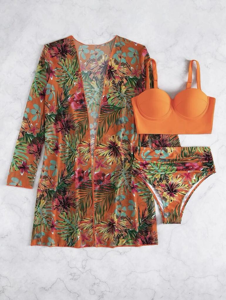 The New European And American Sexy Mesh Bikini Three-Piece Set Gathers And Splits The Printed Swimsuit For Women