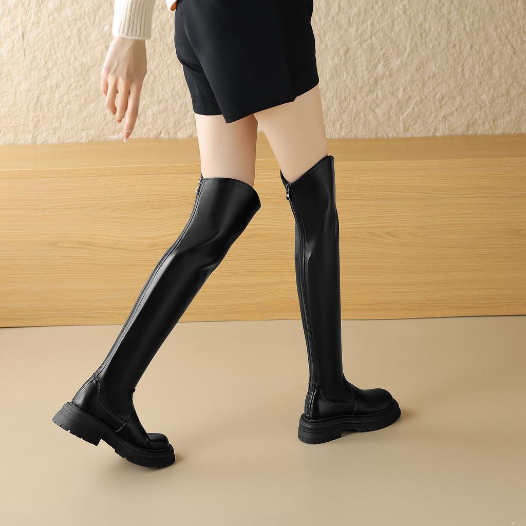 Krazing Pot Microfiber Autumn Winter Shoes Med Heels Flat Platform Size 42 Over-the-knee Boots Slip on Punk Style Elastic Thigh High Boots