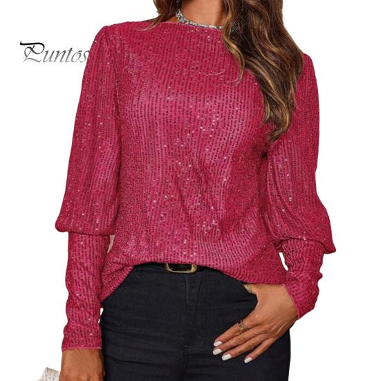 

Женские топы с круглым вырезом и длинными рукавами, свободный крой, блестящие пайетки, эластичная повседневная блузка 2XL розы красного