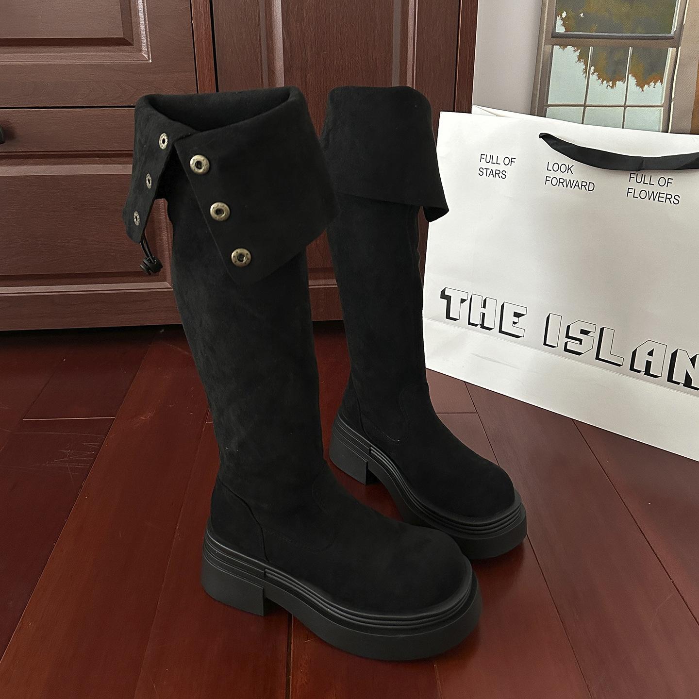 

[Фанфна] 2025 осень новые двусторонние складные сапоги до колена на толстой подошве с тонким наборным каблуком женские сапоги-рыцари 39 чёрный