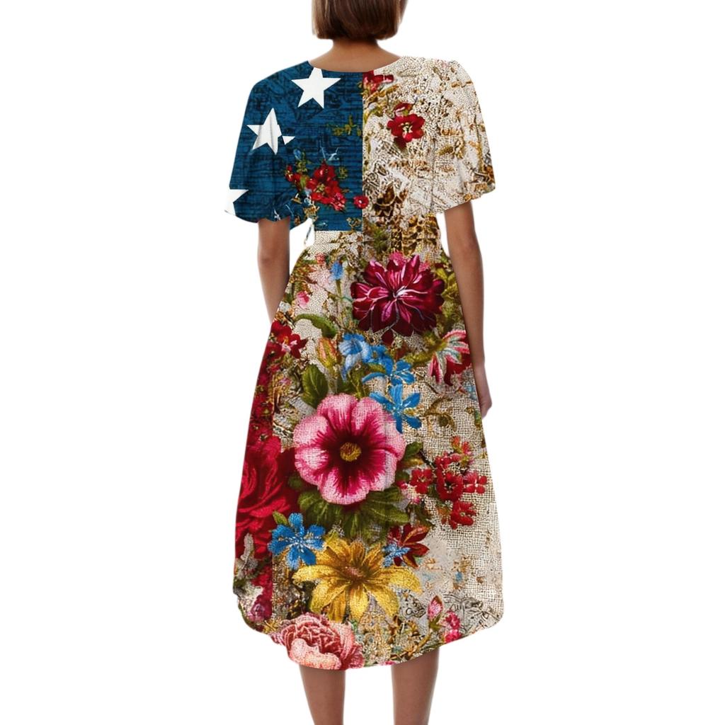 Women's Fashionable Casual V-neck Short-sleeved Independence Day Printed Dress