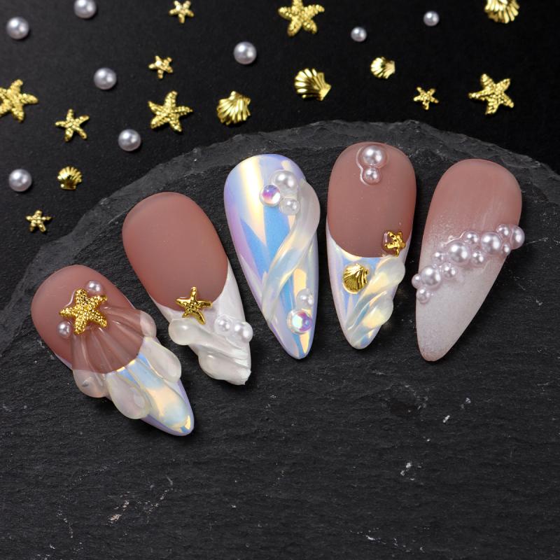 1 Bag Mixed Gold Ocean Style Nail Art Charms 3D Shell Starfish Pearl Metal Nail Jewelry Diy Nail Charm Decoration