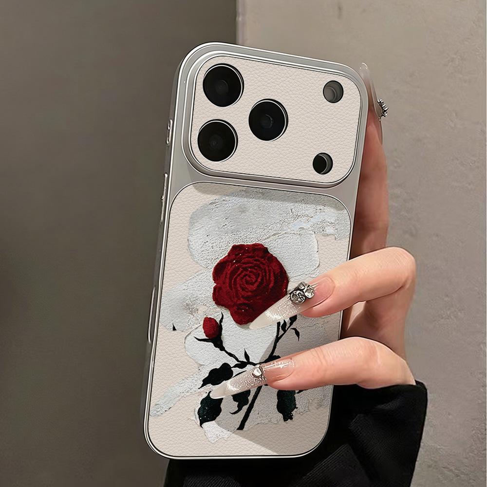 Art Rose is suitable for Apple 17 mobile phone case iPhone15promax all-inclusive 16Pro leather pattern anti-drop and simple.