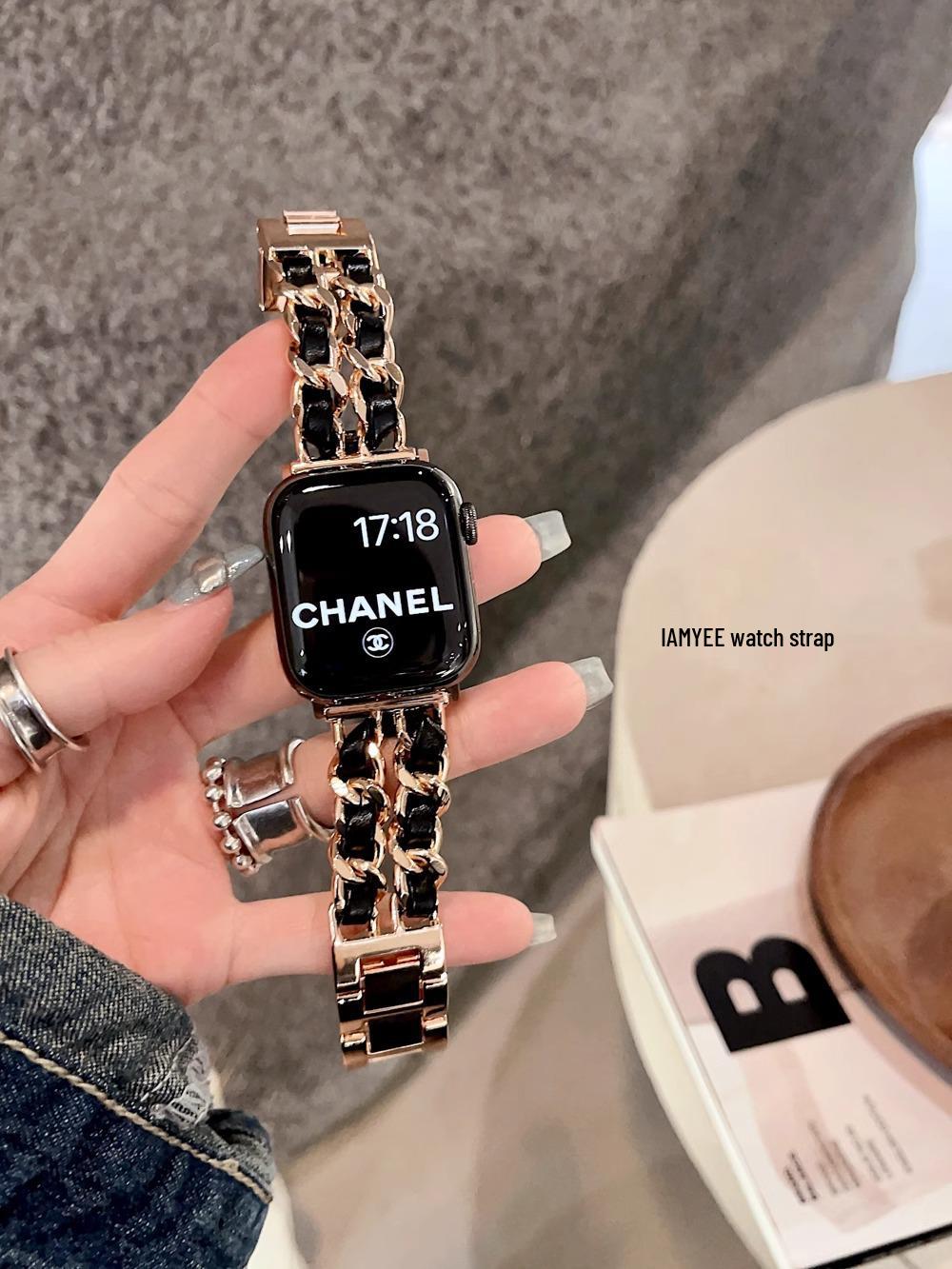 

Шикарный джинсовый ремешок с двойной цепочкой для Apple Watch Ultra/SE 987654 38/40/41 mm ярко-розовый/чёрный