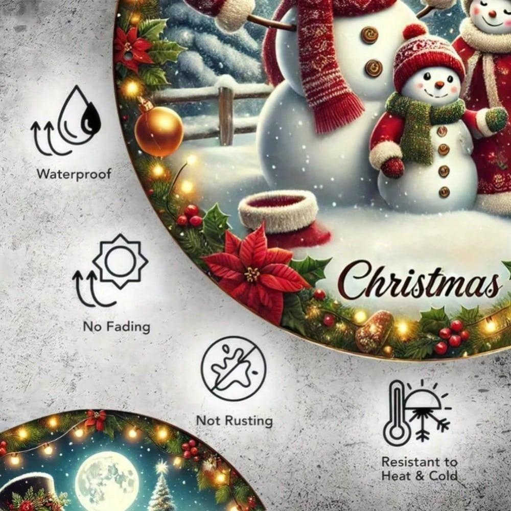 Vintage Snowman Family Aluminum Sign Round Embossed Folk Art Metal Tin Plate for Home Wall Decor Garden Patio