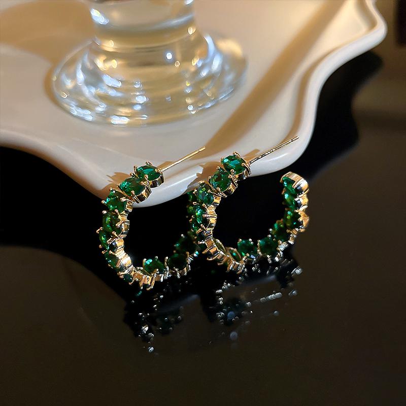 Emerald Oval Crystal Hoop Earrings for Women Fashion Rhinestone Design Circle Earrings 2023 Trend Girls