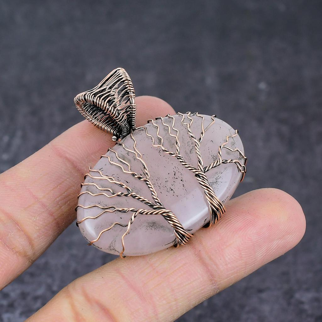 Natürlicher Rosenquarz Handgefertigter Kupferdraht Wickel Lebensbaum Anhänger 1.77" e1P70