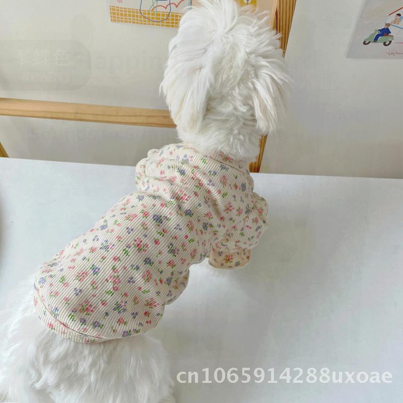 Floral Bubble Sleeve Pet Clothes for Small Dogs Cats And Teddy Bear Cotton Princess Style Summer Autumn Clothing