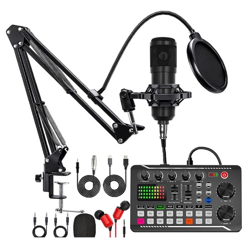 Professional F998 Sound Card & BM800 pickup Set with Wind Screen & Adjustable Stand for Podcasting Music Recording