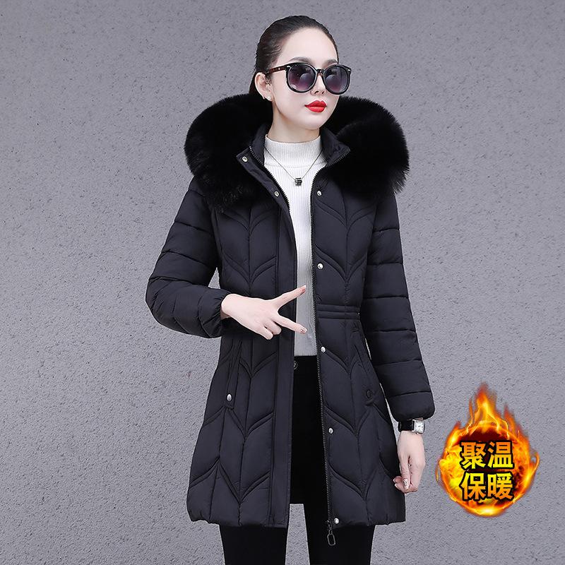 

женская одежда средней длины и длинная зимняя хлопковая одежда, приталенная и тонкая, утолщенная хлопковая куртка с большим меховым воротником, теплая куртка. 6XL145-80 kg