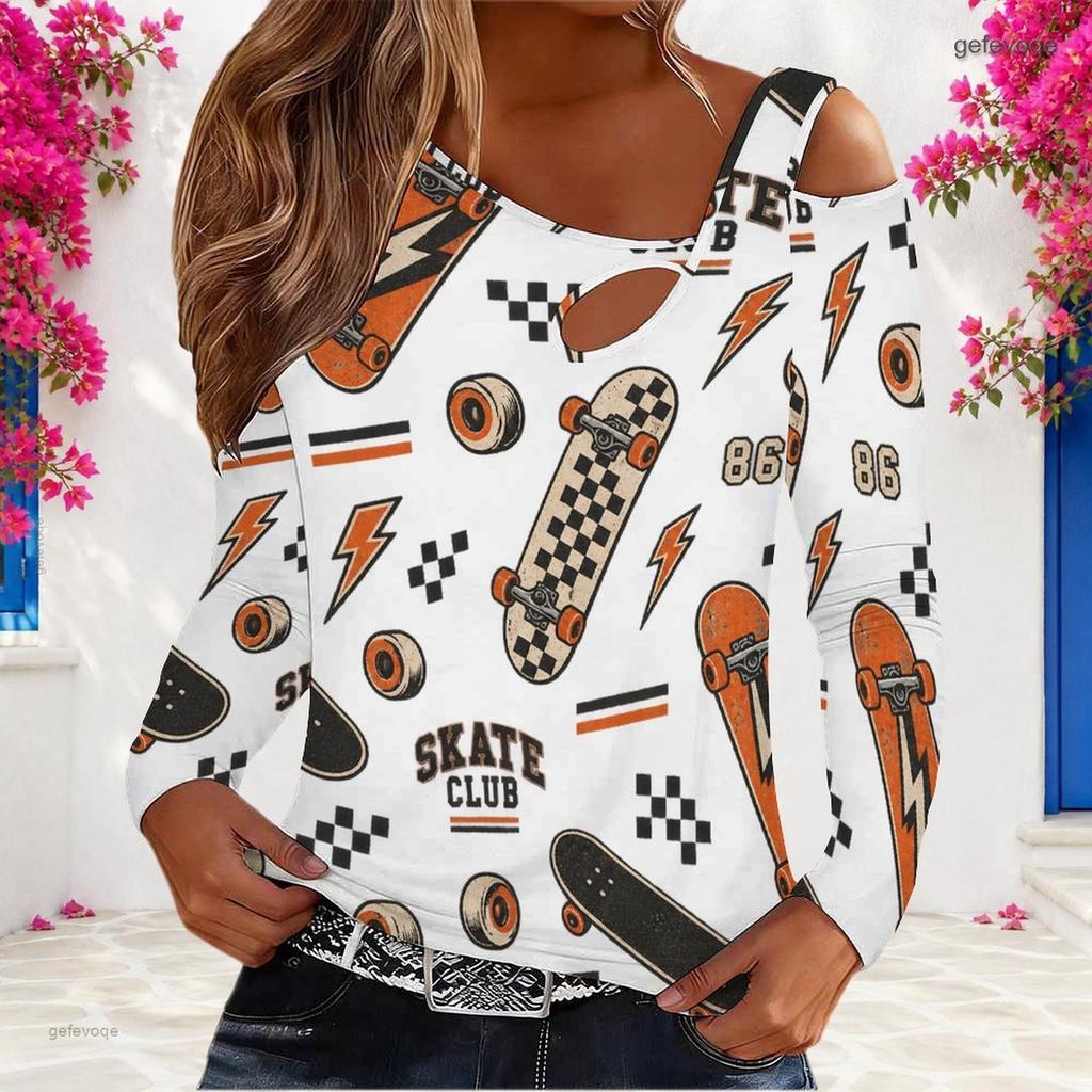Women Plus Size Asymmetric Cutout Neck Cold Shoulder Long Sleeve Camping Printed Top
