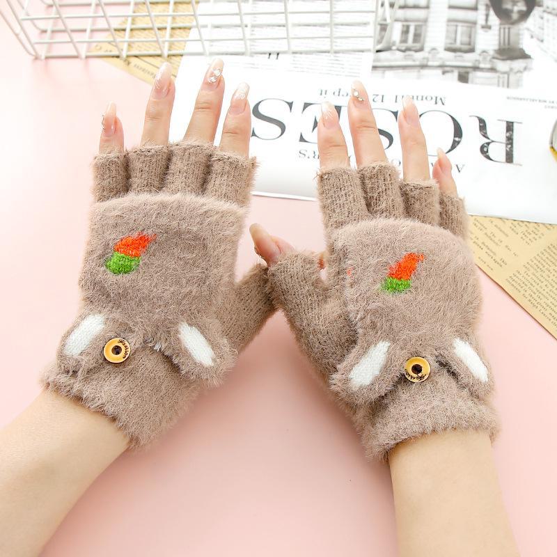 Girls' Cartoon Carrot Flip-Open Plush Gloves - Half-Finger, Thick, Warm for Autumn/Winter