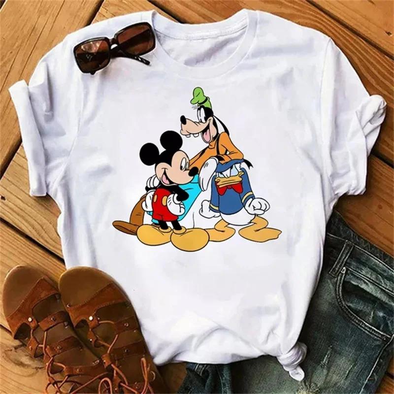 Fashion Cute Disney Mickey Minnie Cartoon Graphic Printed Women T-Shirt Casual O-Neck Short Sleeves Streetwear Female Tops Tees