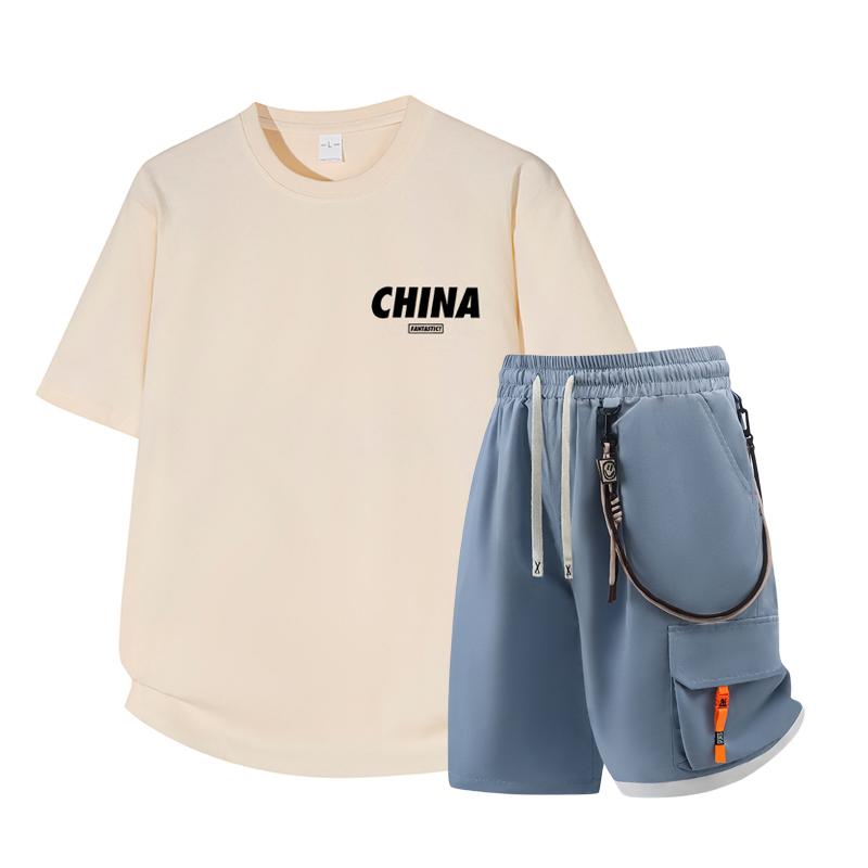 Dmo Men's Short Sleeved Set Summer Short Sleeved Slim Fit Upper Garment Men's Two-piece Set