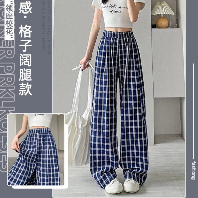navy blue plaid wide-leg pants women's summer new high-waisted drape lazy slack retro straight casual pants