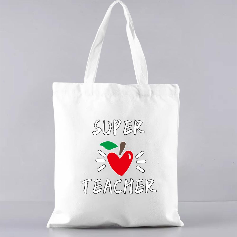 Fashion Shopping Bag Handbag Commuter Casual Shoulder Bag Reusable Canvas Bag White Cartoon Teacher Pattern Printing Tote Bag
