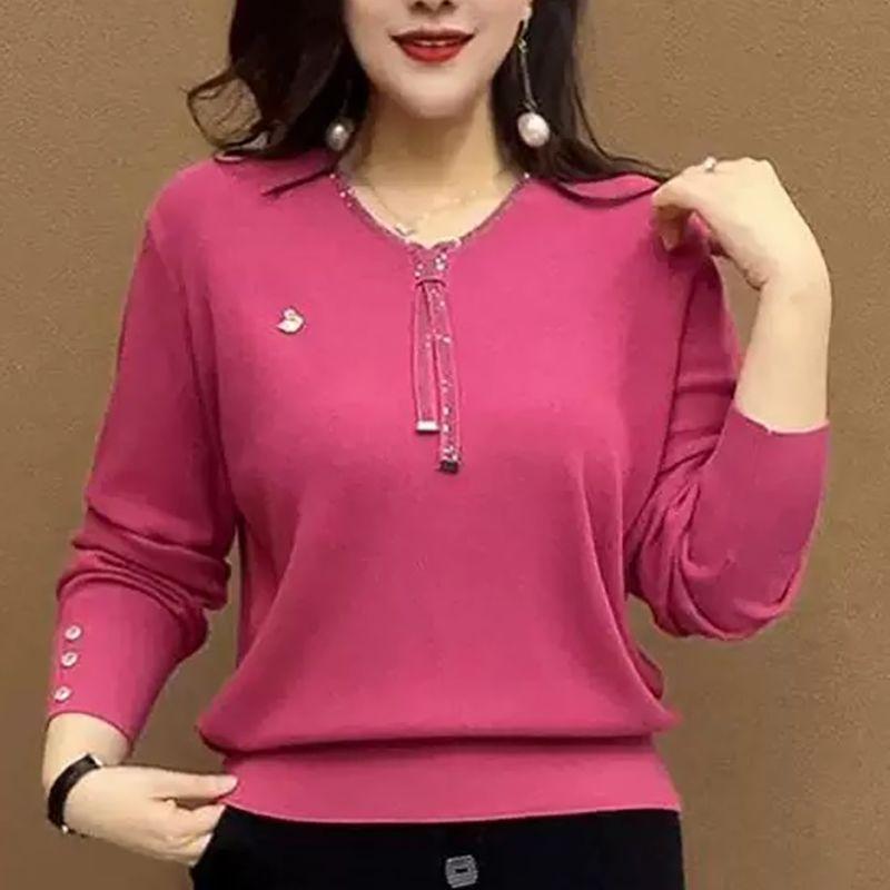 Spring and Autumn Women's V-Neck Knit Sweater Loose Rhinestone Knit Pullover Plus-Size Sweater
