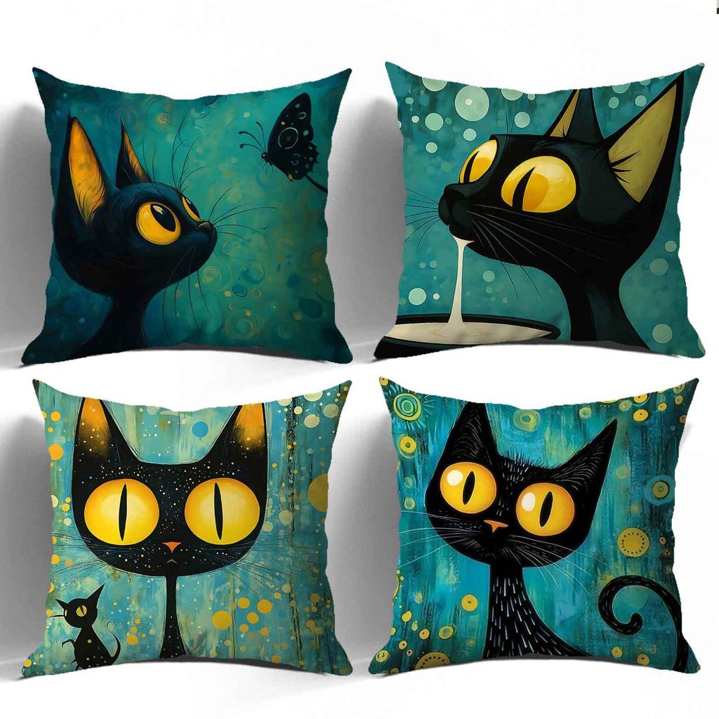Green Black Cat Pattern Digital Printing Pillow Cover Short Plush Suitable Living Rooms Bedrooms Sofas Throw Cushion Cover