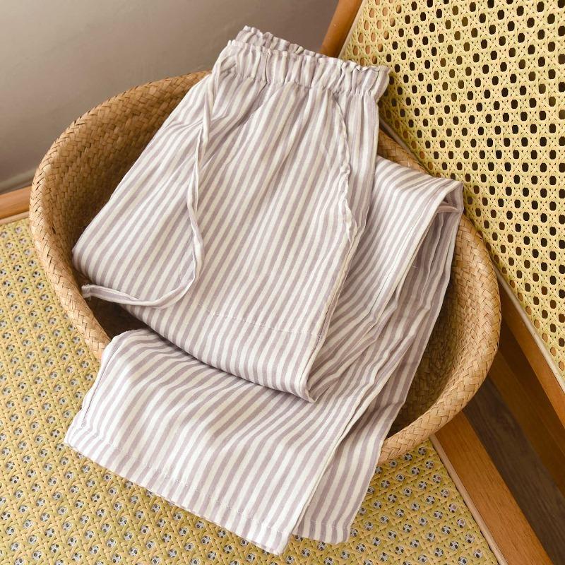 Women's Spring/Summer Sleeper Pants 100% Cotton Gauze Striped Tether Pants Striped Loose Thin Home Pants