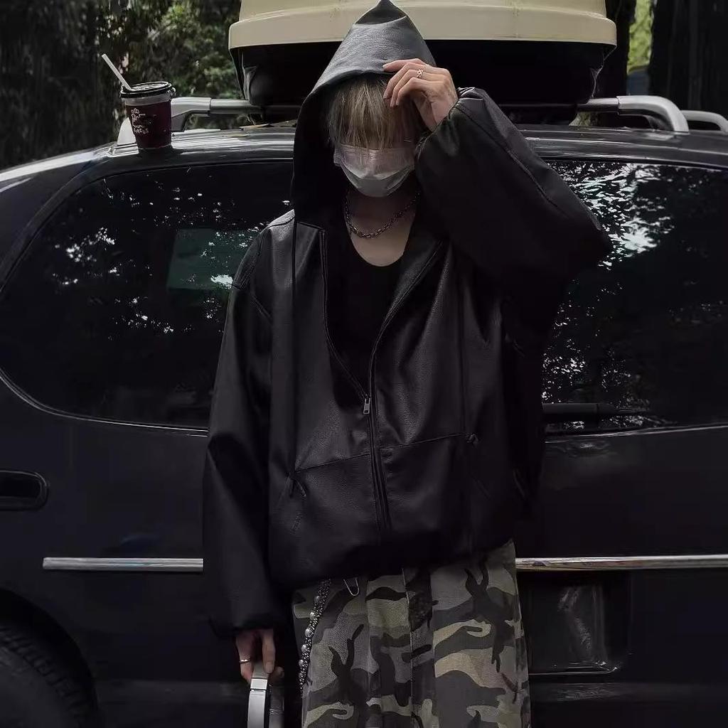 Chaqueta Retro Negra de Cuero PU para Hombre con Capucha - Estilo Béisbol de Primavera/Otoño