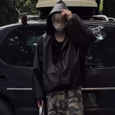 Herren Retro Schwarze PU Leder Kapuzenjacke - Frühling/Herbst Baseball-Stil