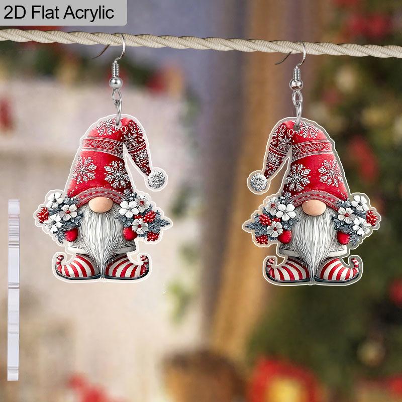 2D Flat Christmas Acrylic Earrings Decoration Red Gnome Santa Hat Design Pendant Jewelry Ladies Christmas Gift