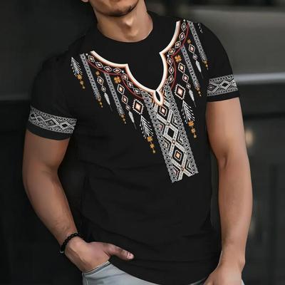 Men's Ethnic Short-sleeved T-shirt, Retro Harajuku Wind Geometric Print Tops for Outdoor Leisure, Oversized Men's Clothing