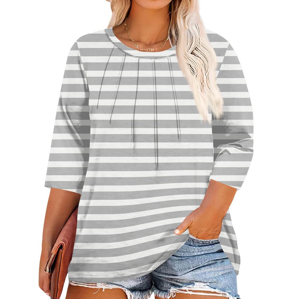 Women's Solid Color Round Neck Plus Size Tops 3/4 Sleeves Elegant Shirt Tops