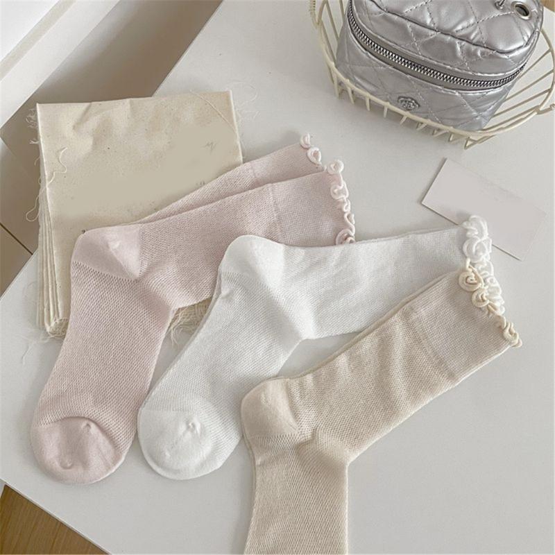 Elegant Hollow Out Breathable Mesh Middle Calf Socks Seamless Cotton Solid Color Ruffle Turn Cuff Crew Socks for Women