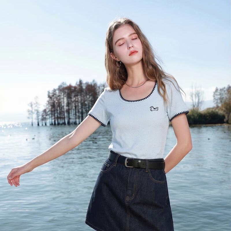 Sancai Women's Slim Fit Shell Embroidered Short Sleeve T-shirt